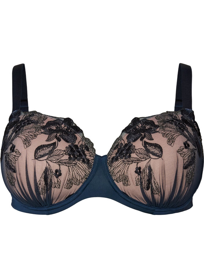 Formpressad BH med blommigt broderi och draperade detaljer, Bl&aring;, Packshot image number 0