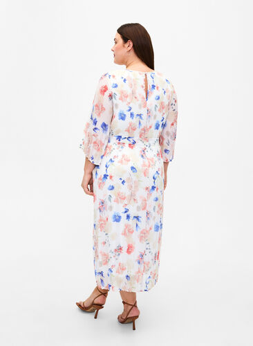 Blommig plisserad klänning med dragsko, White/Blue Floral, Model image number 1