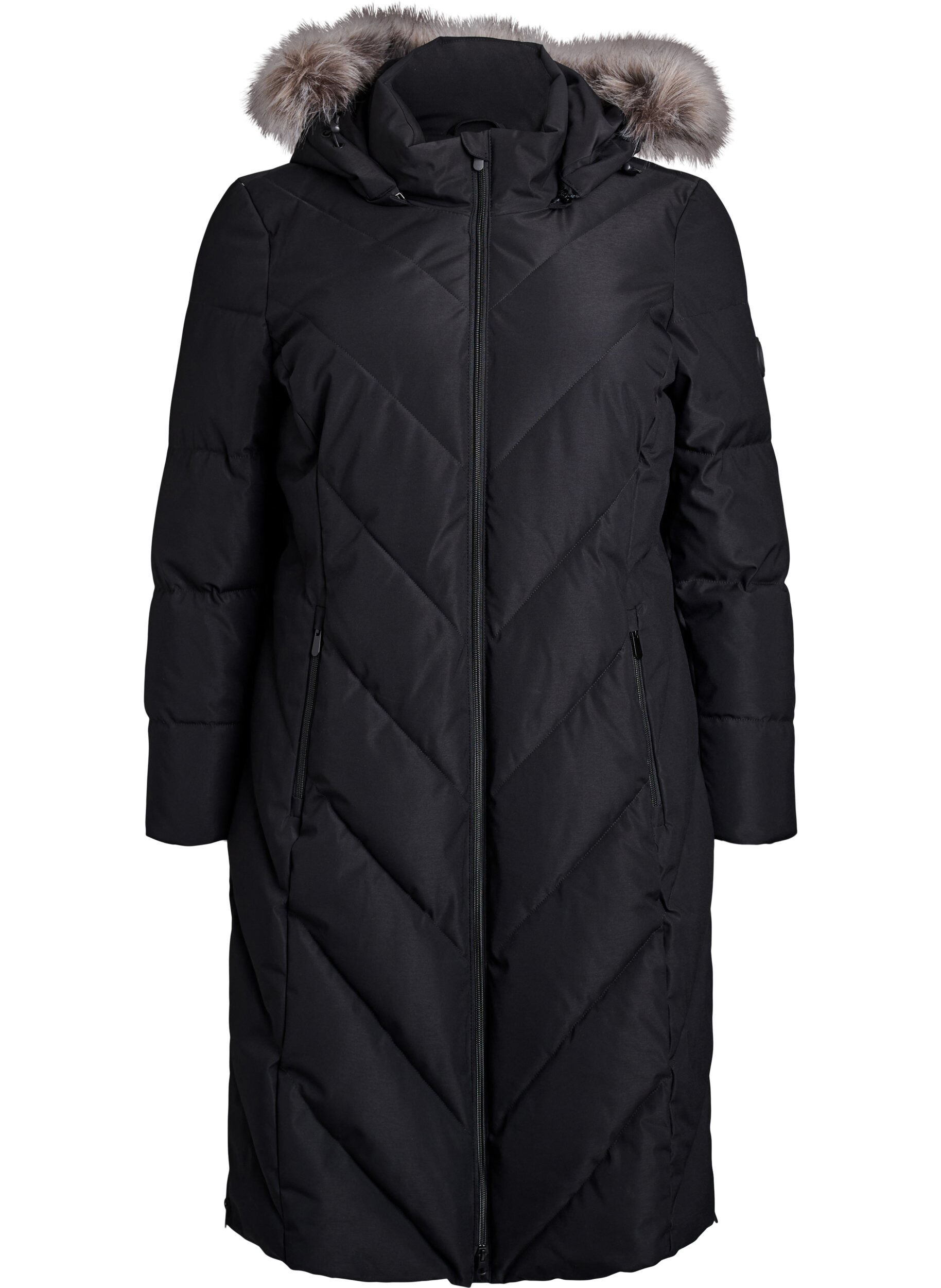 ZizziL&aring;ng vinterkappa med hyskkn&auml;ppning och krage i fuskp&auml;ls, Svart, Packshot image number 0