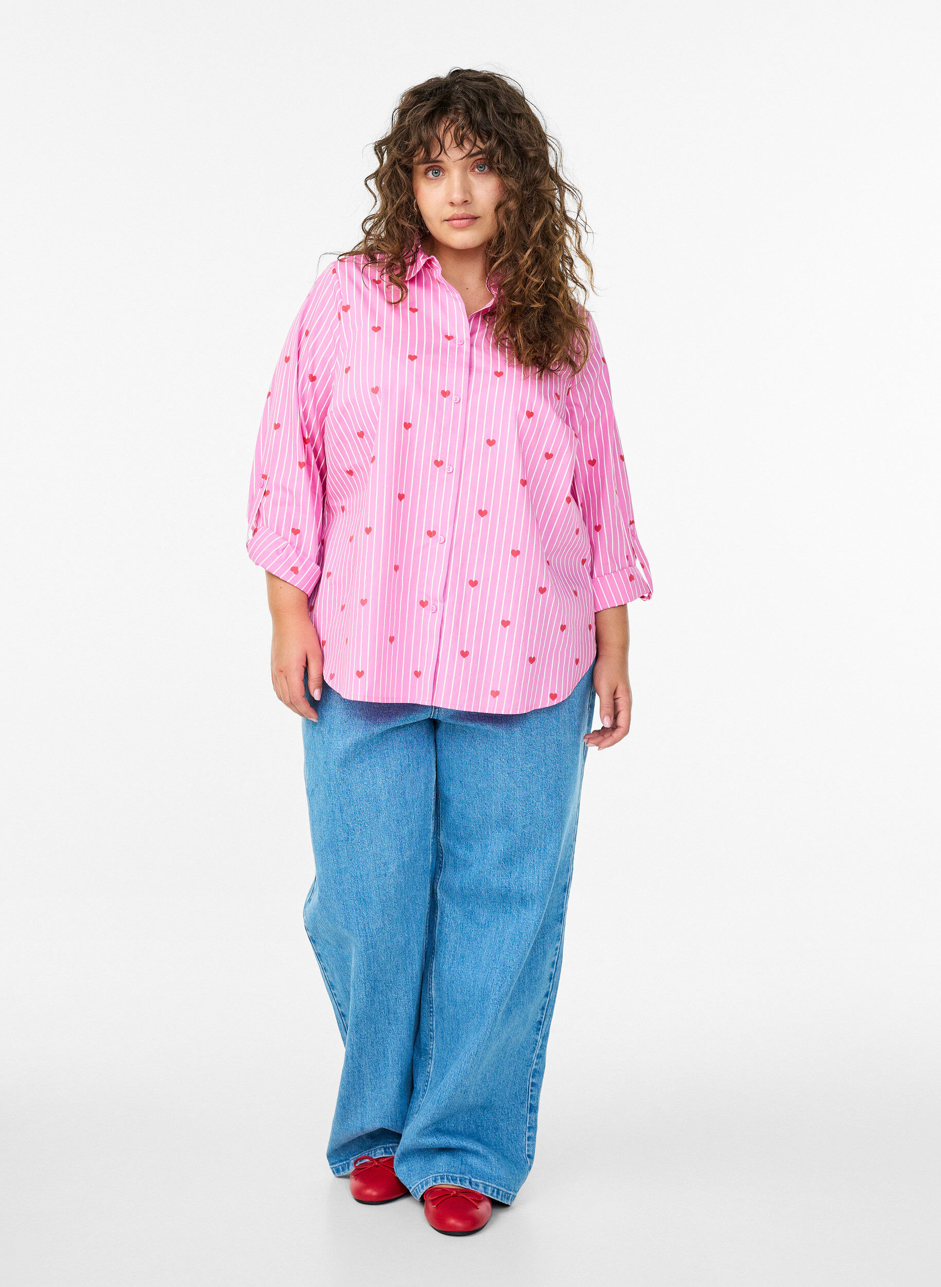 Zizzi Skjortblus med r&auml;nder och hj&auml;rtan, Rosa, Model image number 1