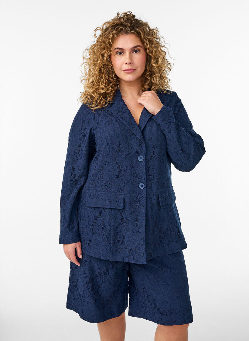 Bermudashorts i spets med h&ouml;g midja, Bl&aring;, Model image number 0