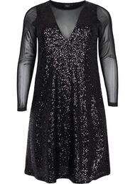 A-formad paljettklänning med långa ärmar, Black