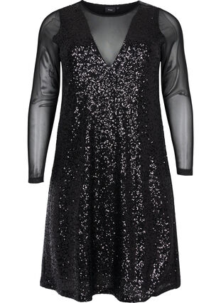 A-formad paljettklänning med långa ärmar, Black, Packshot image number 0