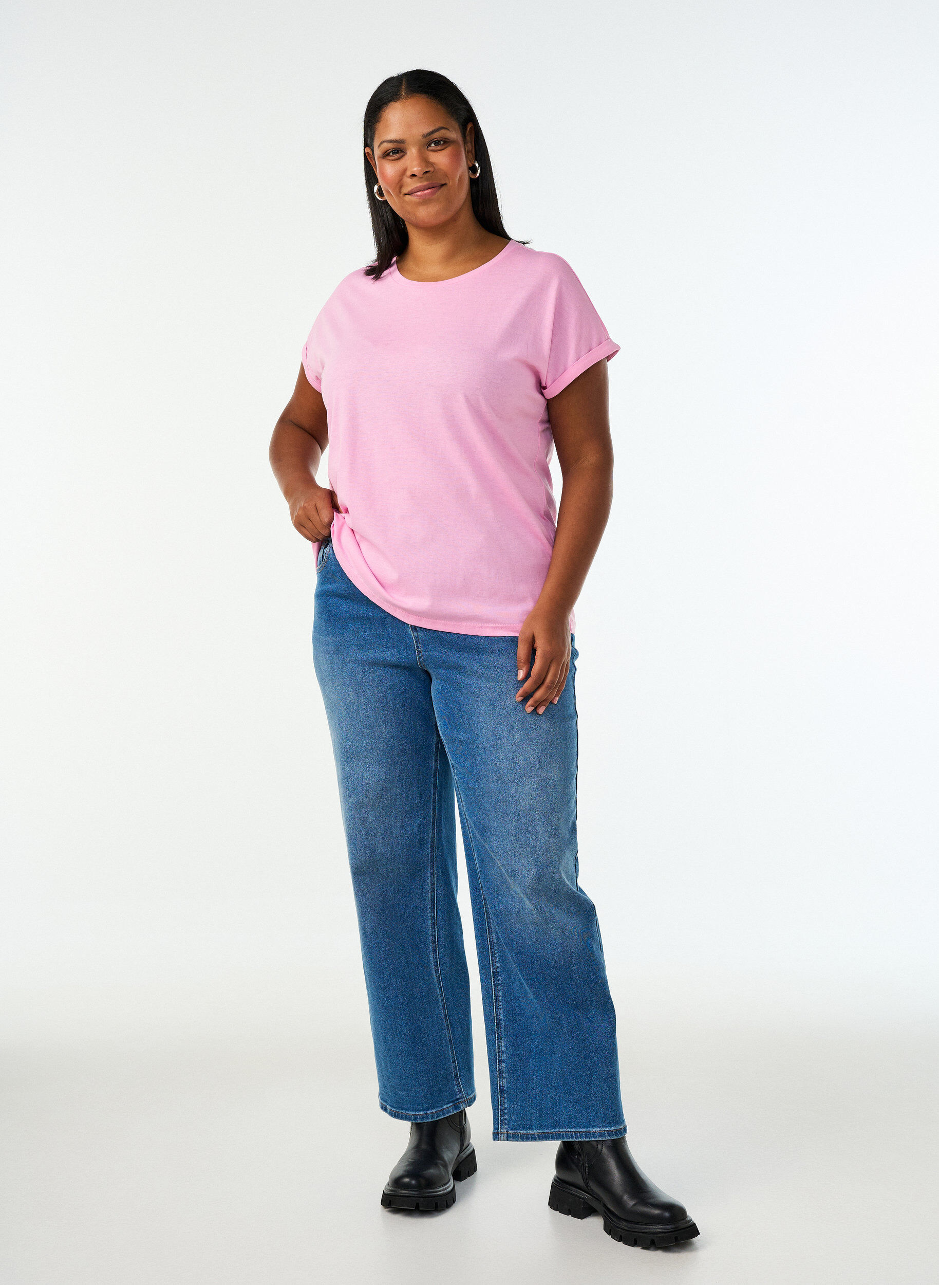 ZizziKort&auml;rmad t-shirt i bomullsmix, Rosa, Model image number 1