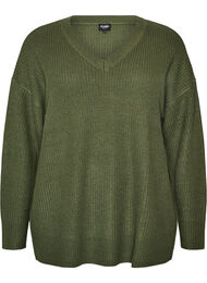 L&aring;ng ribbstickad blus med V-ringning, Gr&ouml;n