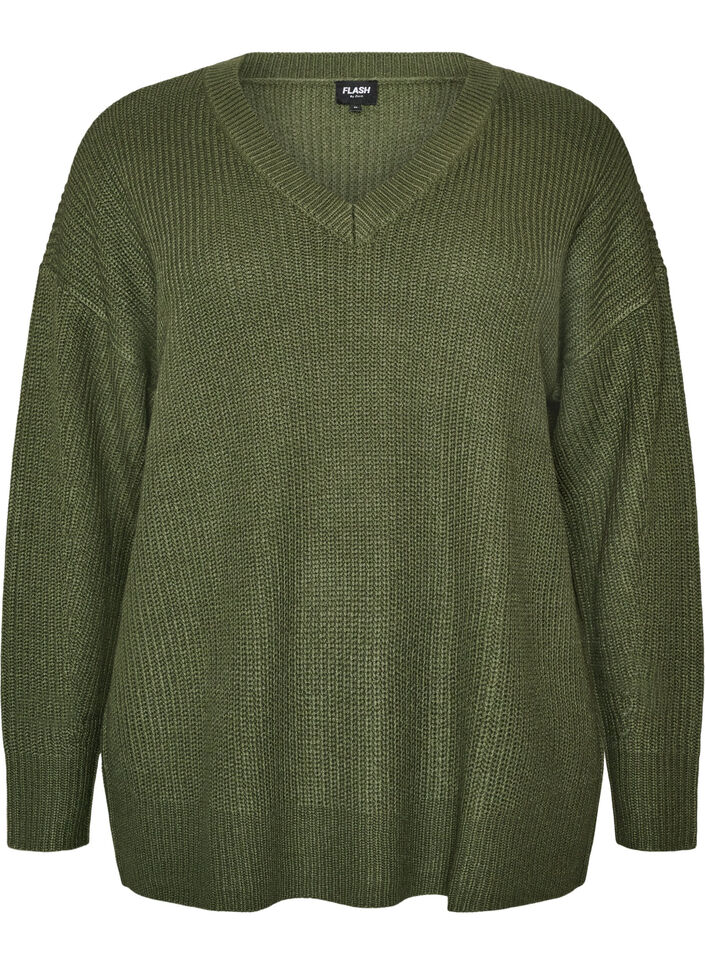L&aring;ng ribbstickad blus med V-ringning, Gr&ouml;n, Packshot image number 0