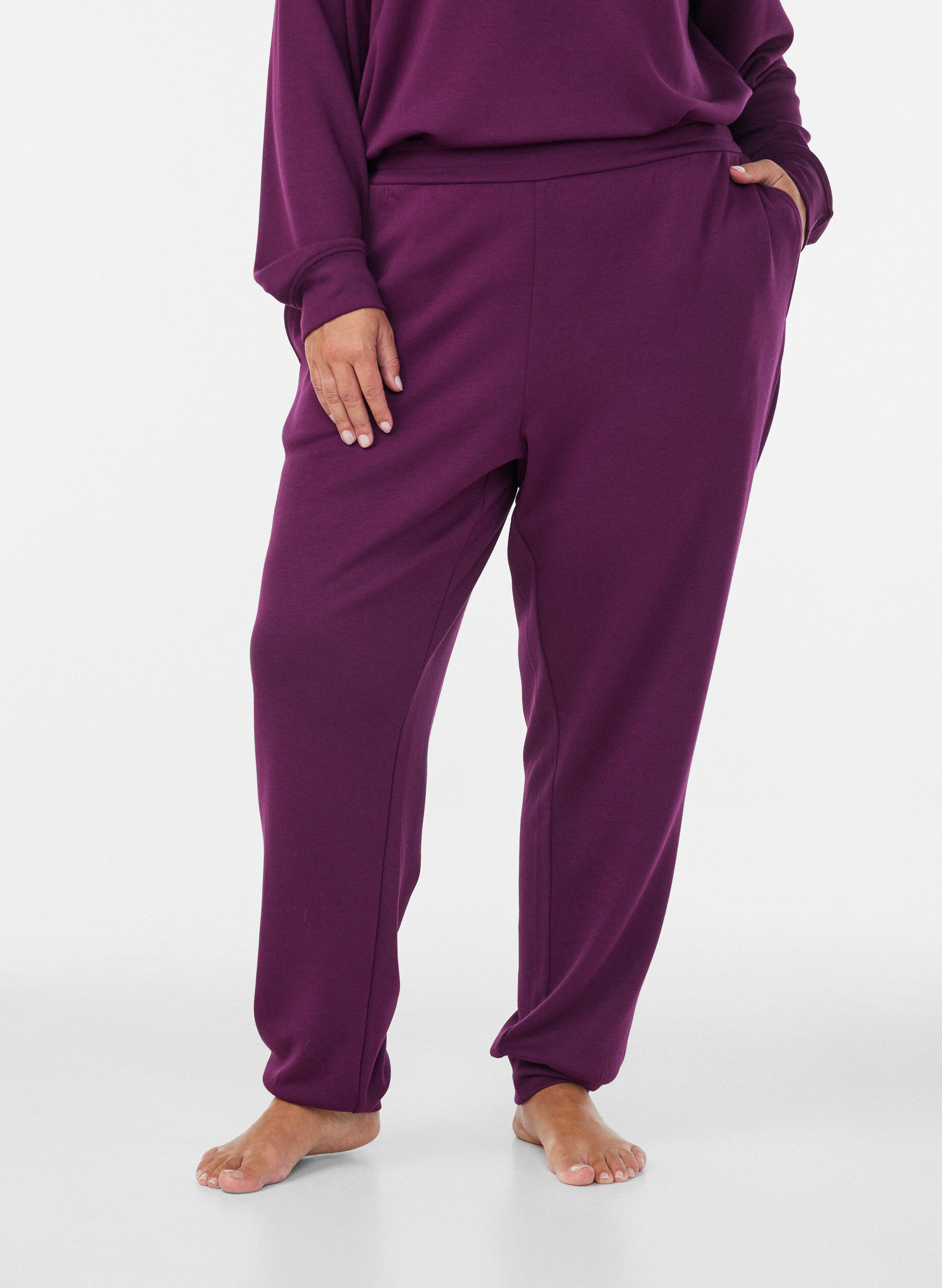 ZizziByxor i jersey med h&ouml;g midja och fickor, Lila, Model image number 2