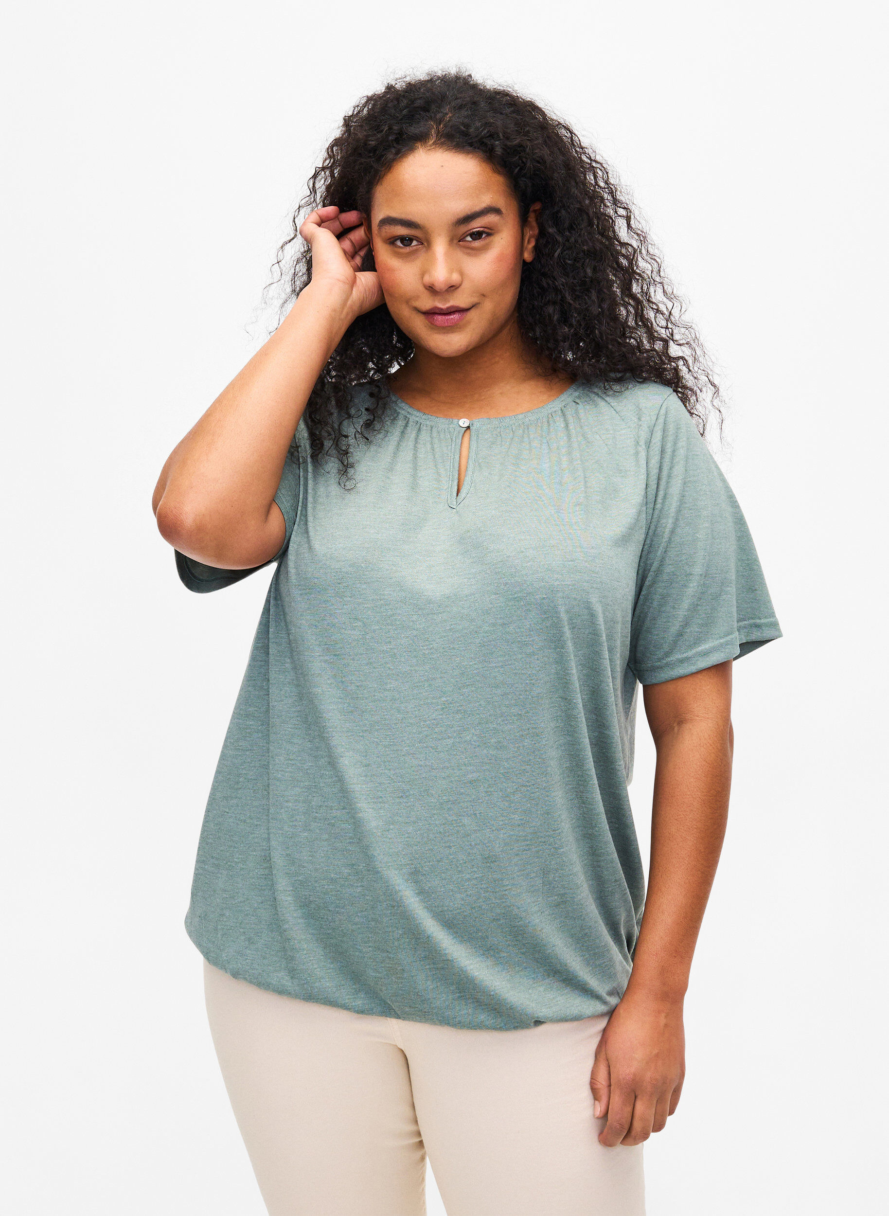 Zizzi Melange blus med korta &auml;rmar, Chinois Green Mel., Model image number 0