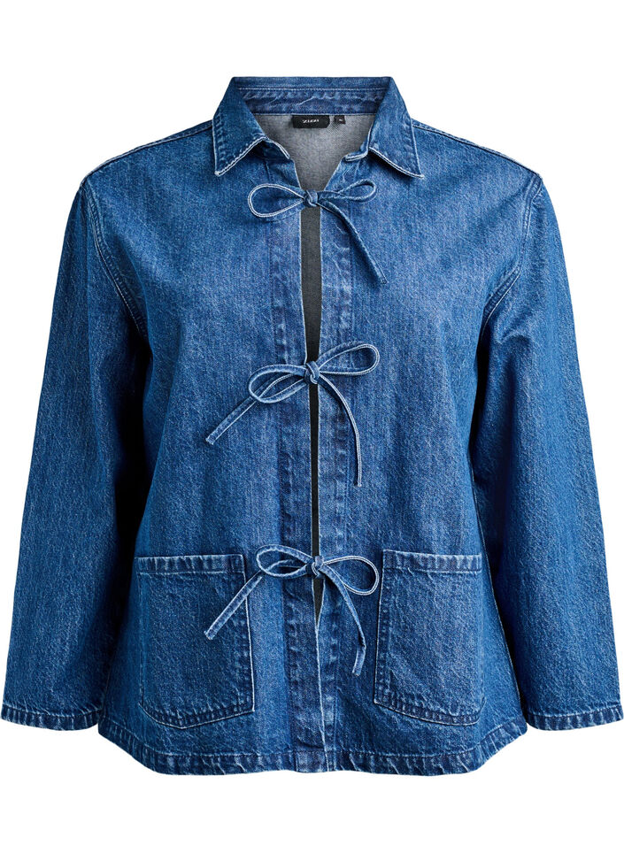 Jeansjacka med knytning och fickor, Blue Denim, Packshot image number 0