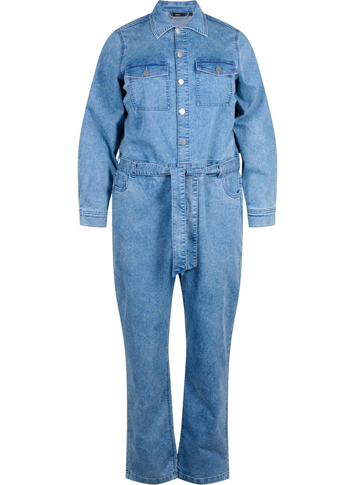 Långärmad jumpsuit i denim, Light Blue Denim, Packshot image number 0