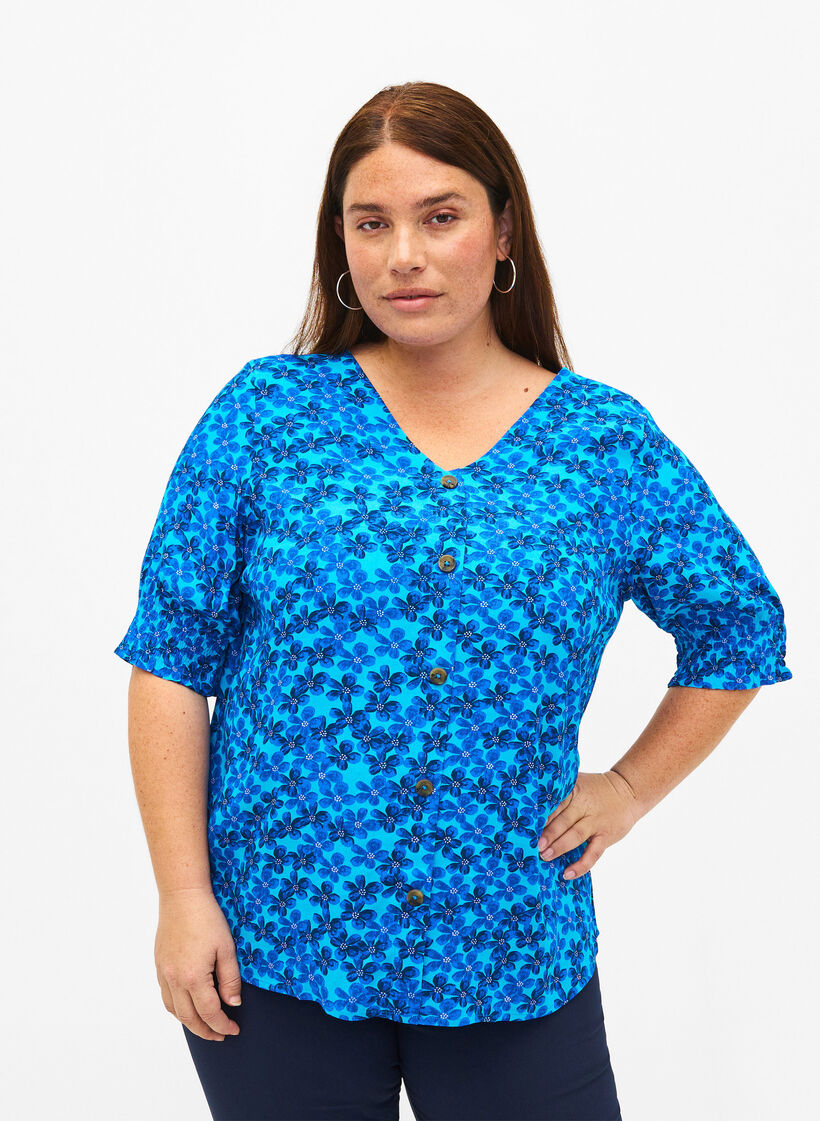 Blus i viskos med knappar, Blue Small Flower, Model image number 0
