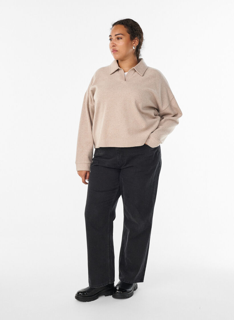 Blus i jersey med krage och v-ringning, Beige, Model image number 1