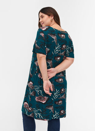 Pyjamasklänning i viskos med blommigt mönster, Deep Teal Flower, Model image number 1