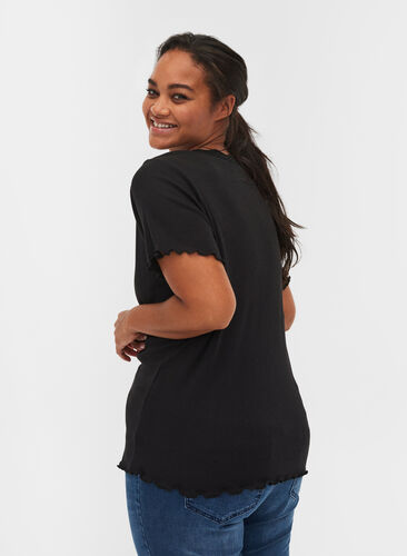 Ribbad t-shirt med spetskant, Black, Model image number 1