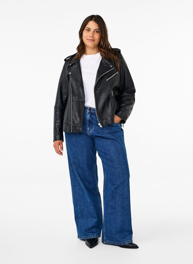 Bikerjacka i läder med fickor, Black, Model image number 2