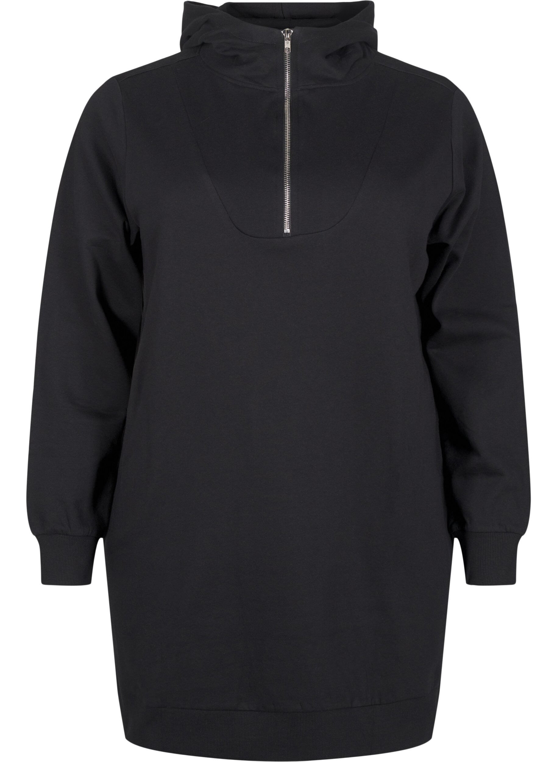 Zizzi Tunika i sweatshirttyg med huva och dragkedja, Black, Packshot image number 0
