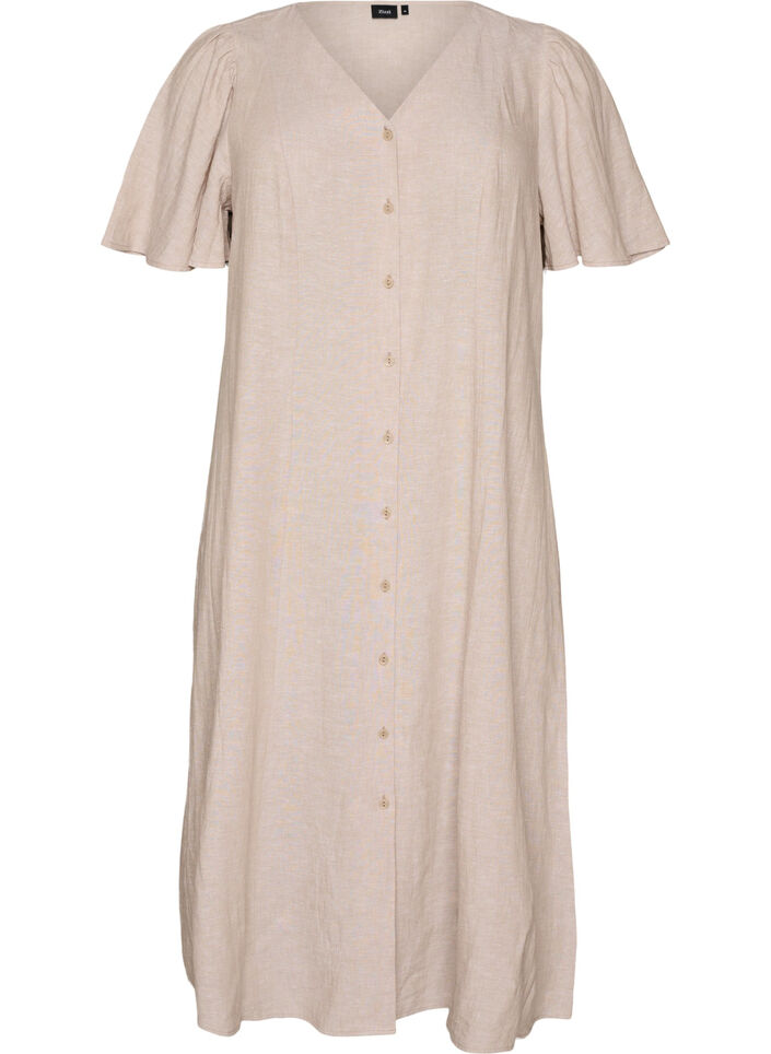 Midikl&auml;nning i linne och viskos med volang&auml;rmar, Beige, Packshot image number 0