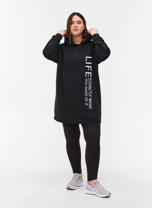 Lång sweatshirt med huva och tryck, Black, Model image number 2