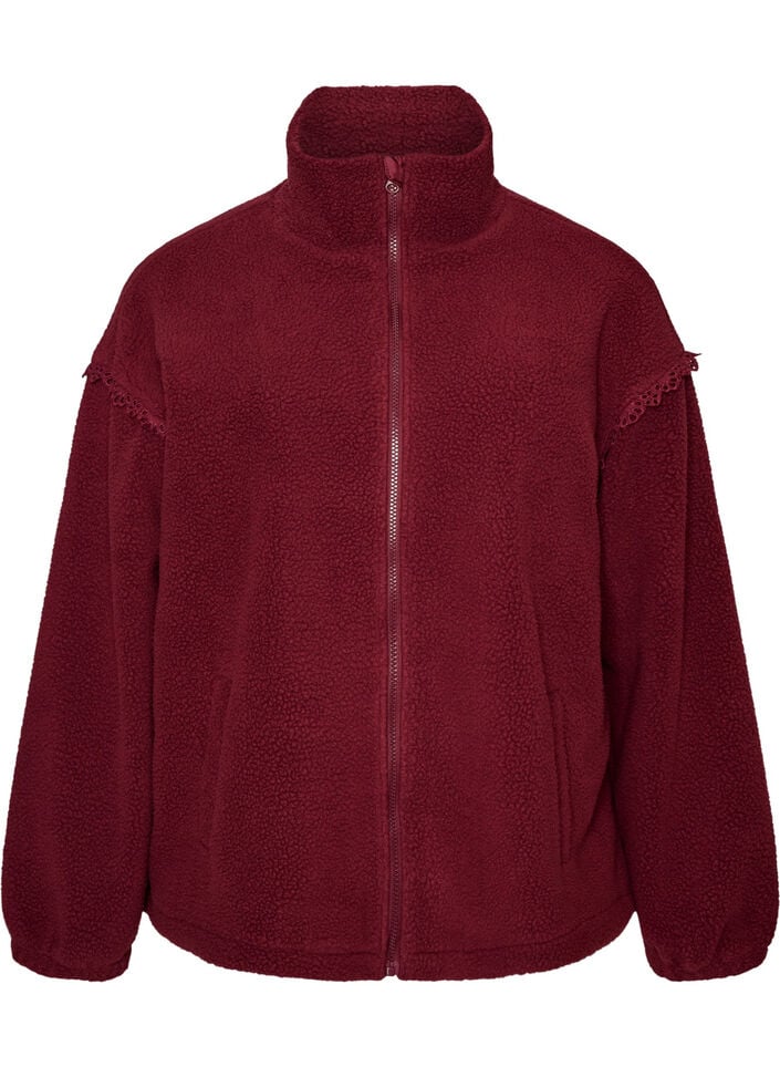 Jacka i teddy med kant i broderie anglaise och h&ouml;g krage, R&ouml;d, Packshot image number 0