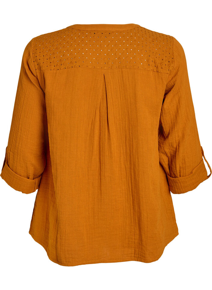 Blus i bomullsmuslin med broderie anglaise, Orange, Packshot image number 1