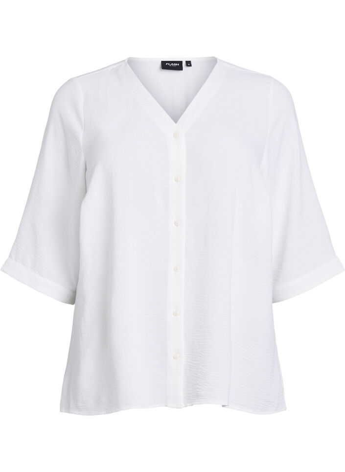 Skjortblus med v-ringning och 3/4-&auml;rm, Vanilla, Packshot image number 0