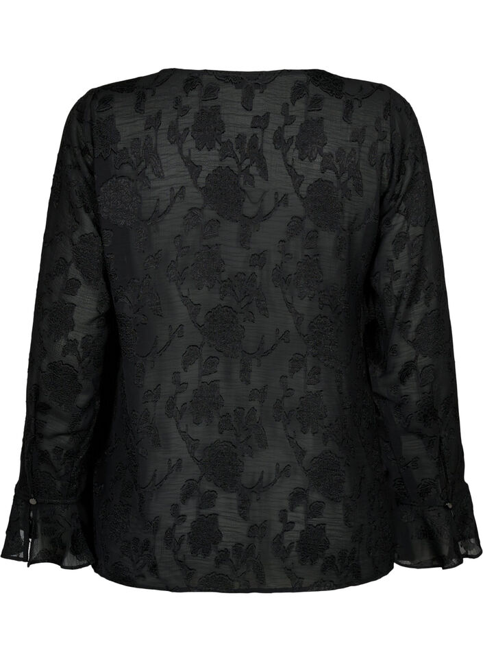 Långärmad skjorta med jacquard-look, Black, Packshot image number 1