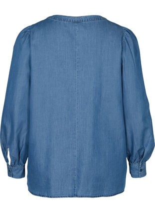Blus med långa puffärmar och knappar, Blue denim, Packshot image number 1