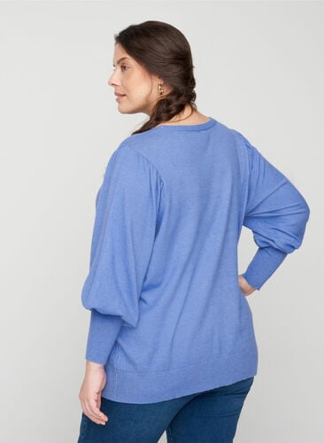 Stickad tröja med rund halsringning och ballongärmar, Ultramarine Mel., Model image number 1