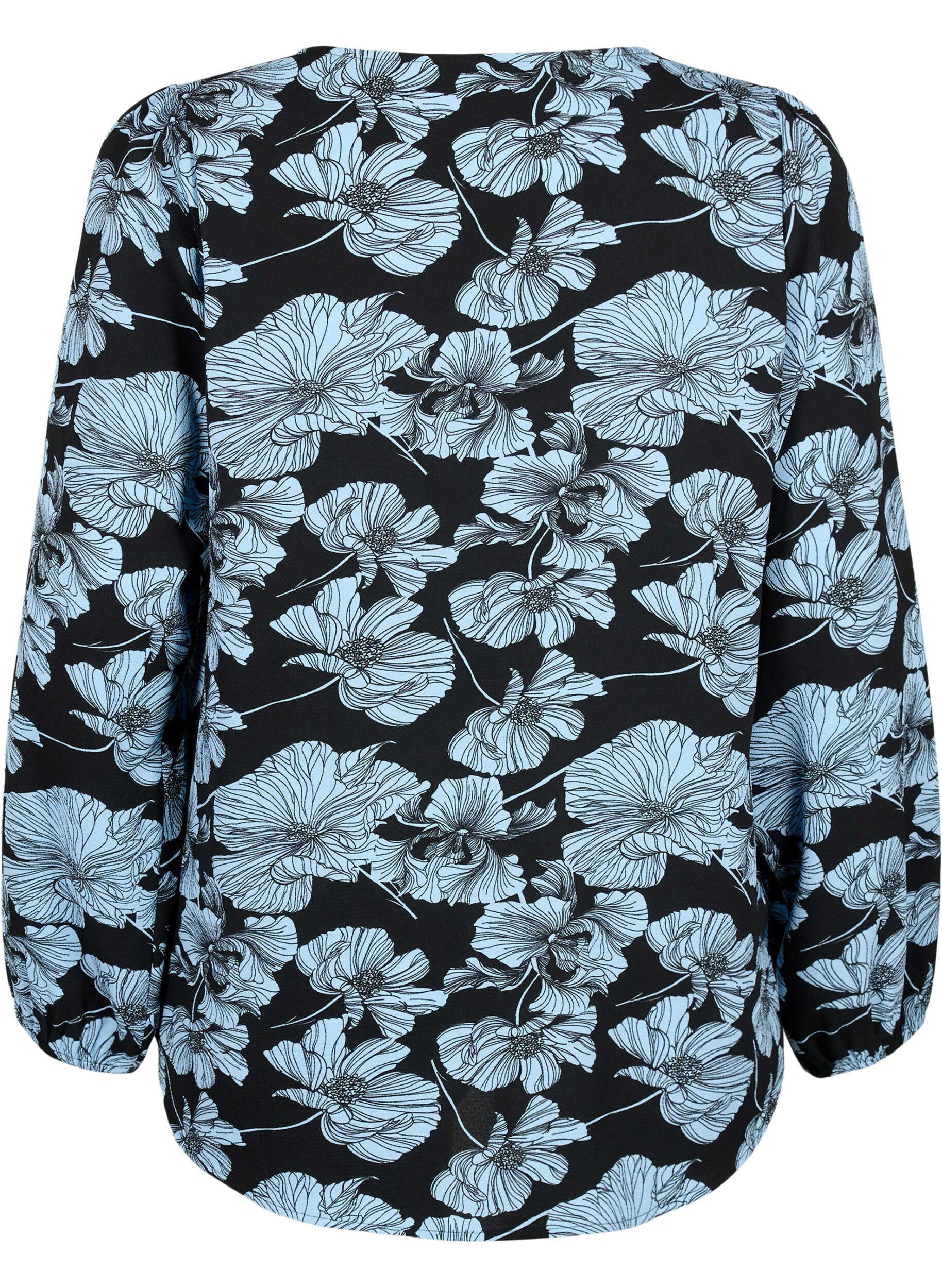 Zizzi Skjortblus med V-ringning och tryck, Black B. Flower AOP, Packshot image number 1