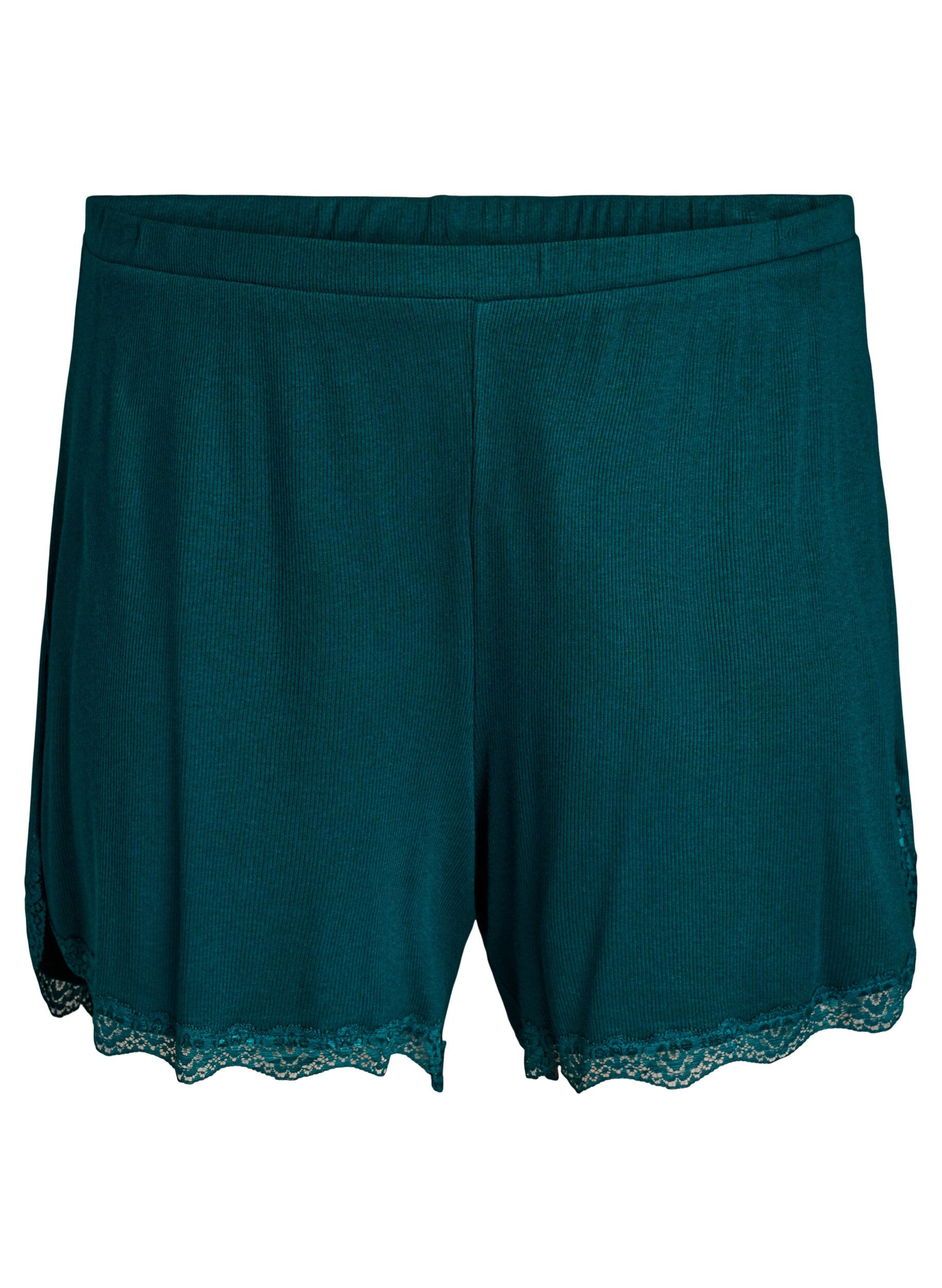 Zizzi L&ouml;sa nattshorts med ribbstickad textur och spetskant, Gr&ouml;n, Packshot image number 0