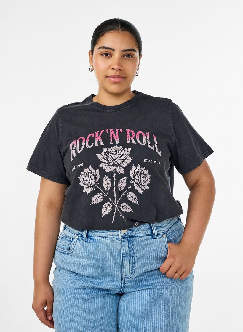 T-shirt i ekologisk bomull med rocktryck, Svart, Model image number 0