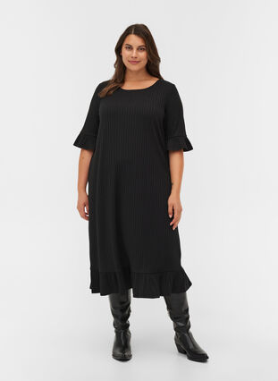Midiklänning med 2/4-ärmar och volanger, Black, Model image number 0