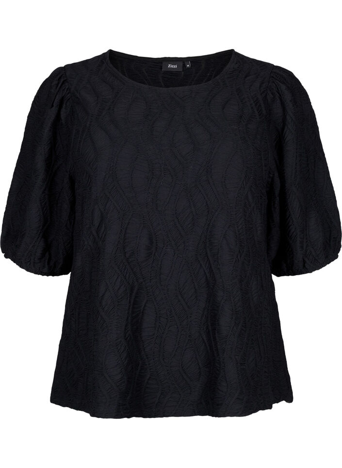 Blus med textur och kort ärm, Black, Packshot image number 0