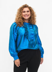 Glansig skjortblus med volanger, Diva Blue, Model
