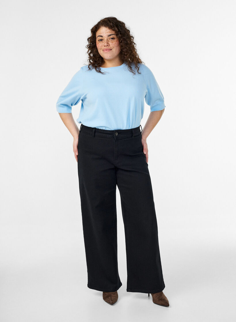 Finstickad blus med korta &auml;rmar, Bl&aring;, Model image number 1