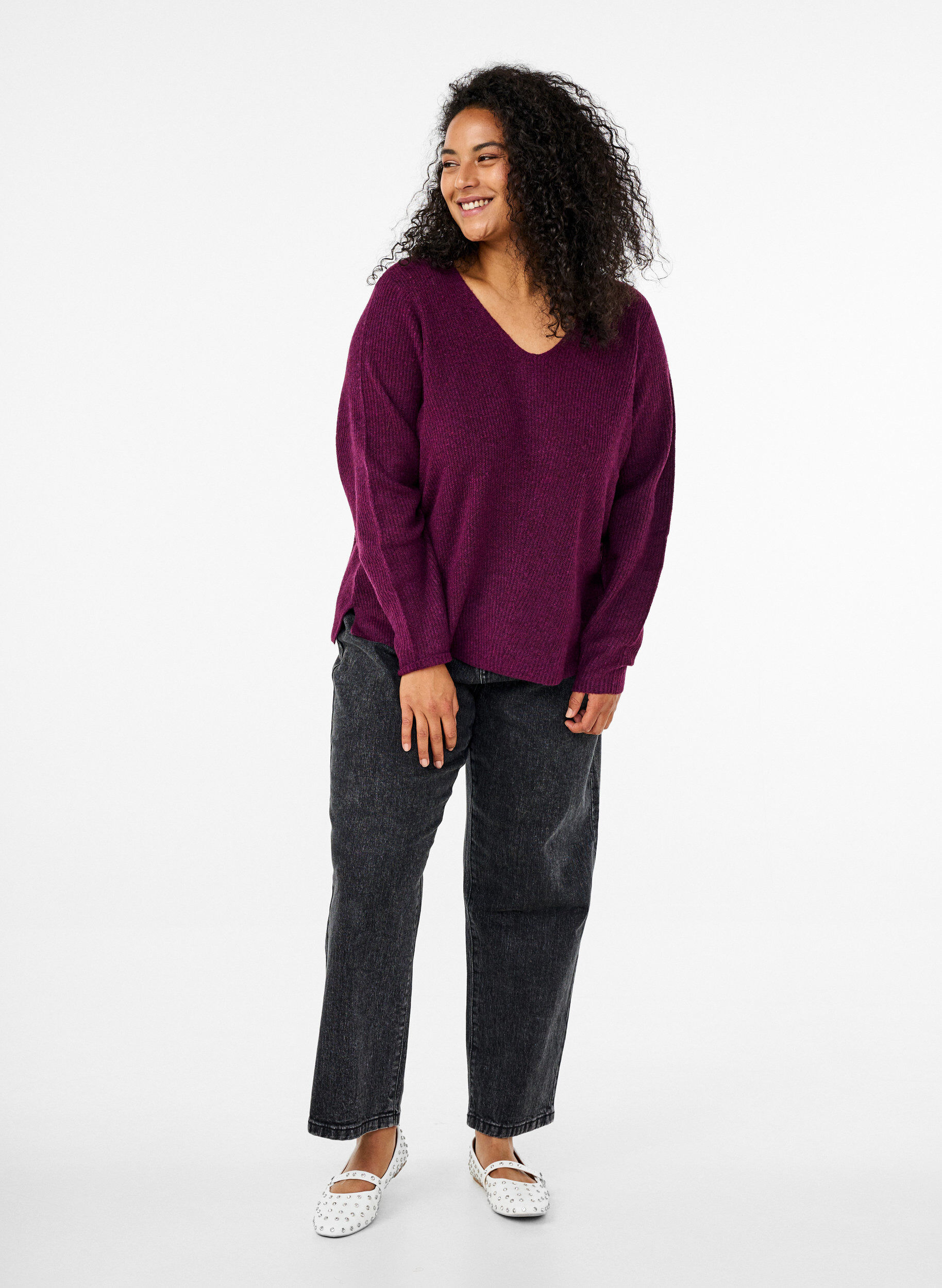 Zizzi Stickad blus med v-ringning och l&aring;nga &auml;rmar, Potent P. Black Mel., Model image number 2