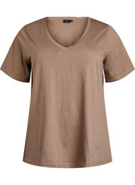 Kort&auml;rmad enkel t-shirt med v-ringning, Brun