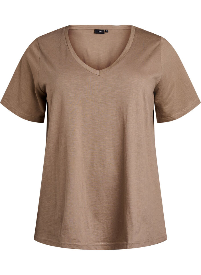 Kort&auml;rmad enkel t-shirt med v-ringning, Brun, Packshot image number 0