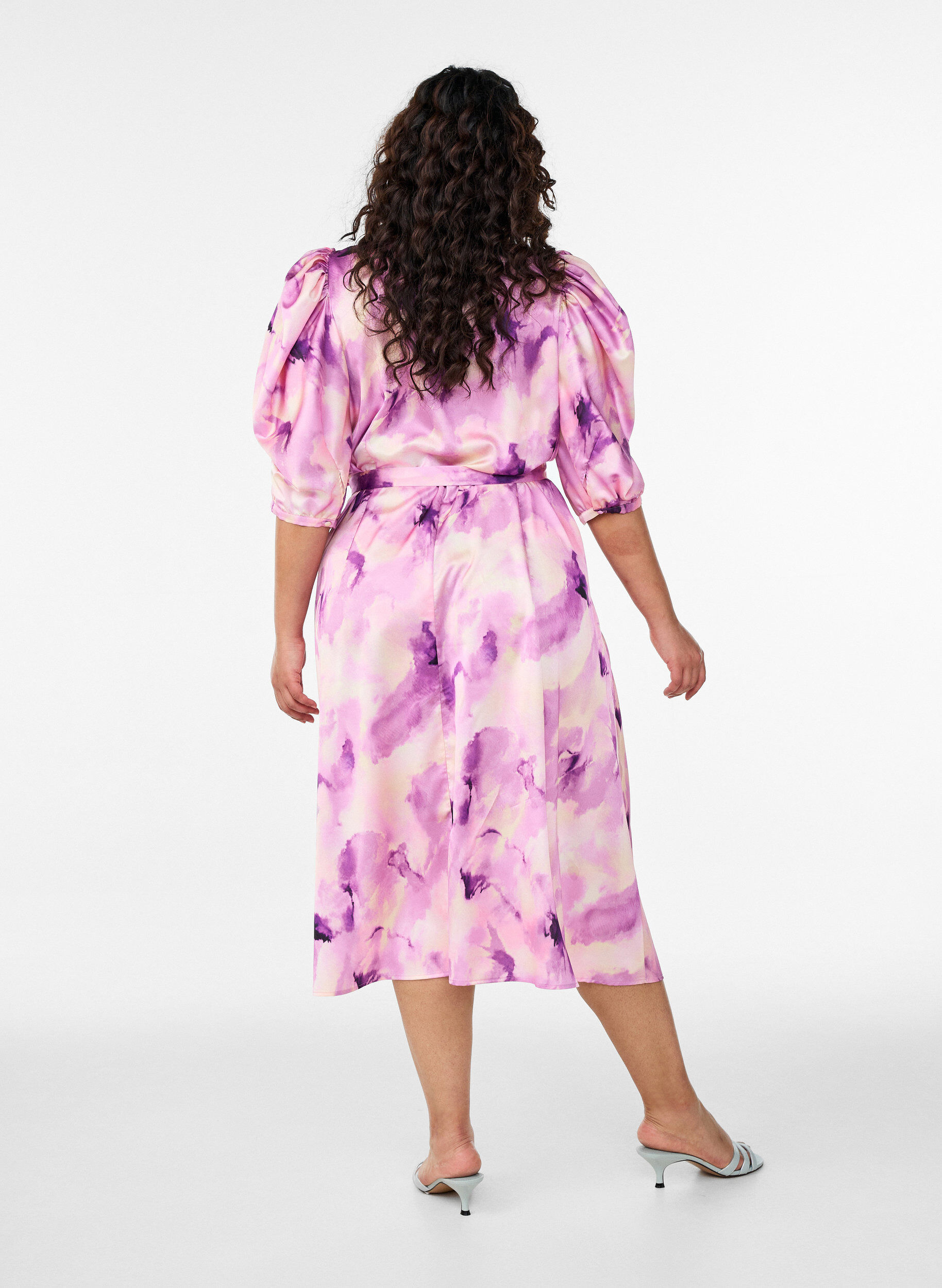 Zizzi Kort&auml;rmad festkl&auml;nning med knytsk&auml;rp, Lila, Model image number 1