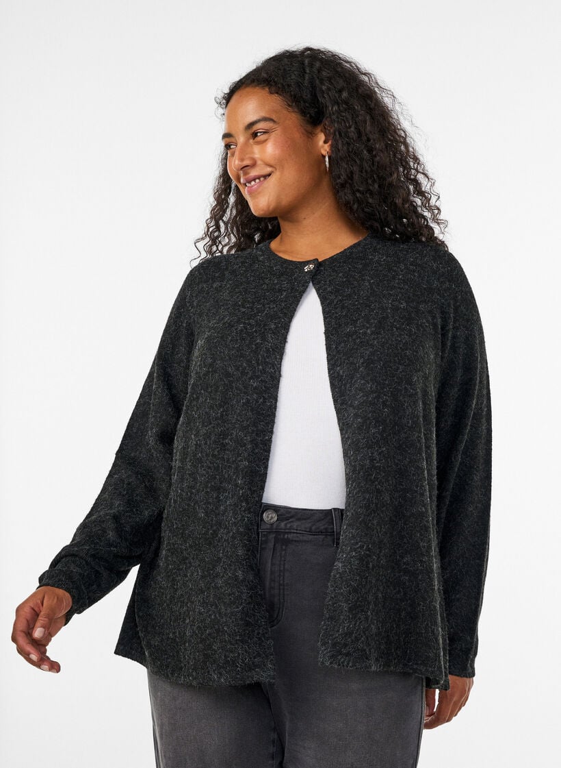Stickad kofta med rund halsringning och kn&auml;ppning, Gr&aring;, Model image number 0