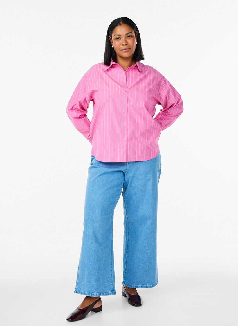 Skjortblus med kritstrecksr&auml;nder och knytdetalj baktill, Rosa, Model image number 1