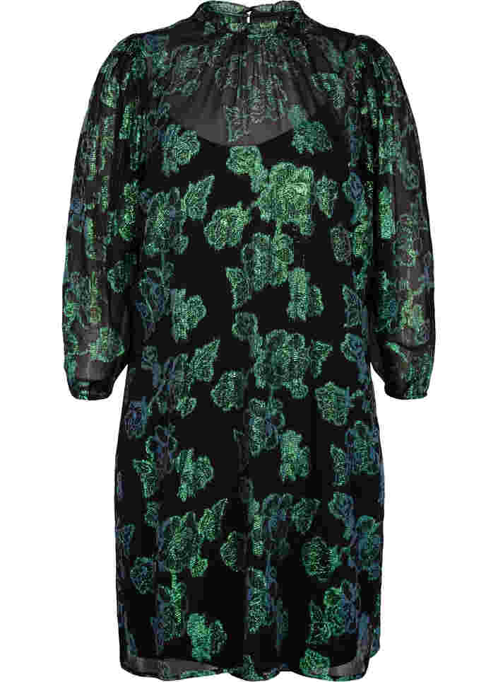 Blommig klänning i viskos med lurex, Black w. Green Lurex, Packshot image number 0