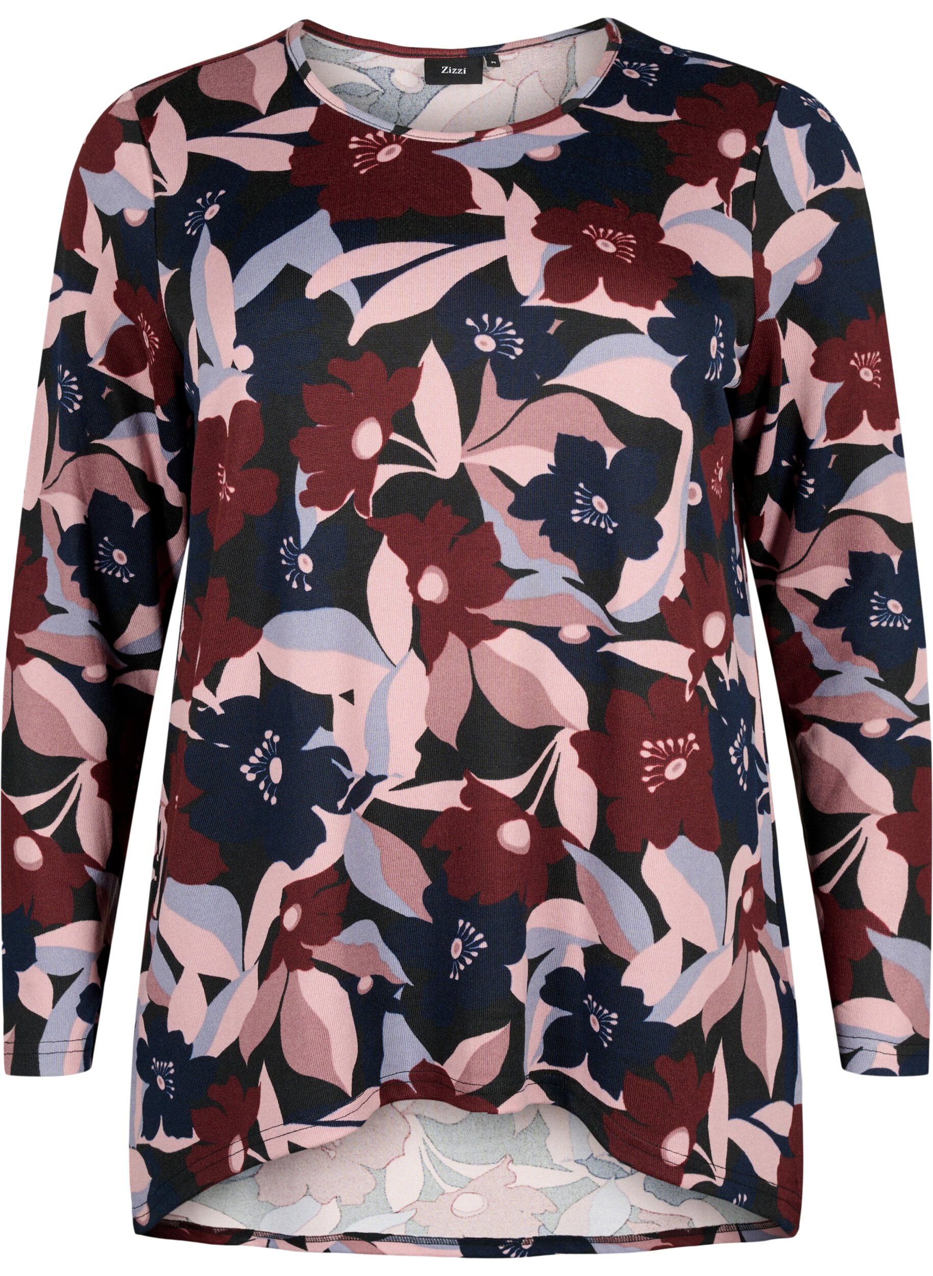 Zizzi Blommig blus med l&aring;nga &auml;rmar, Black Rose Flower, Packshot image number 0
