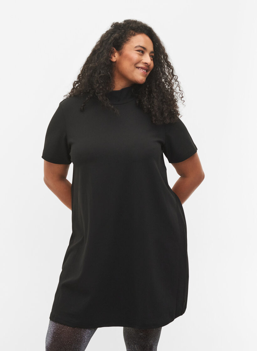Kortärmad klänning med hög krage, Black, Model image number 0