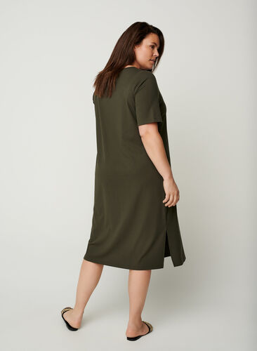 Ribbad klänning med korta ärmar, Dark Green, Model image number 1