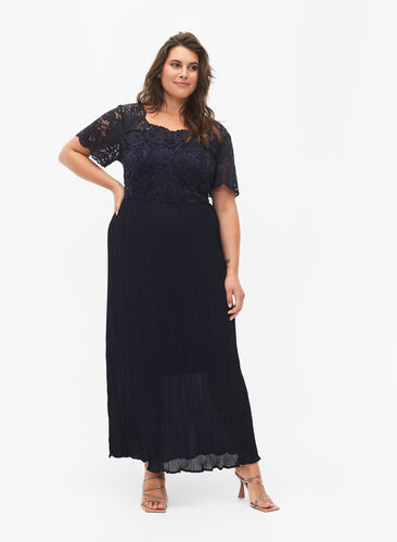 Kortärmad maxiklänning med spets och plisserad kjol, Night Sky, Model image number 0