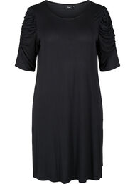 Viskosklänning med rynkade ärmar med 2/4-längd, Black