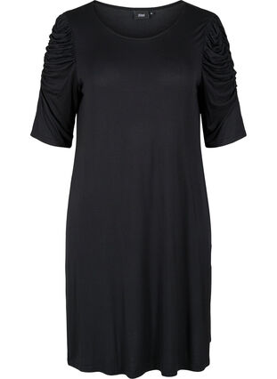 Viskosklänning med rynkade ärmar med 2/4-längd, Black, Packshot image number 0