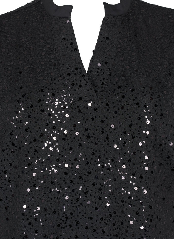 Paljettklänning med V-ringning och trekvartsärmar, Black w. Bl. Sequins, Packshot image number 2