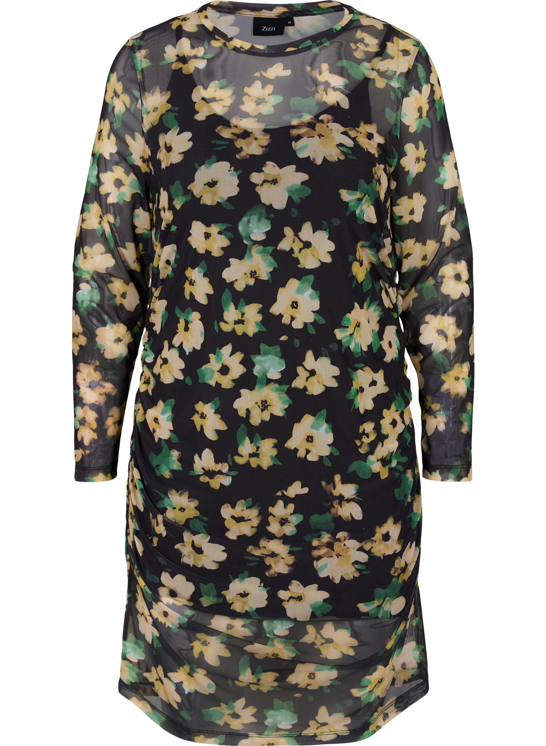 Zizzi &Aring;tsittande mesh-kl&auml;nning med 3/4 &auml;rmar, Yellow Green AOP, Packshot image number 0